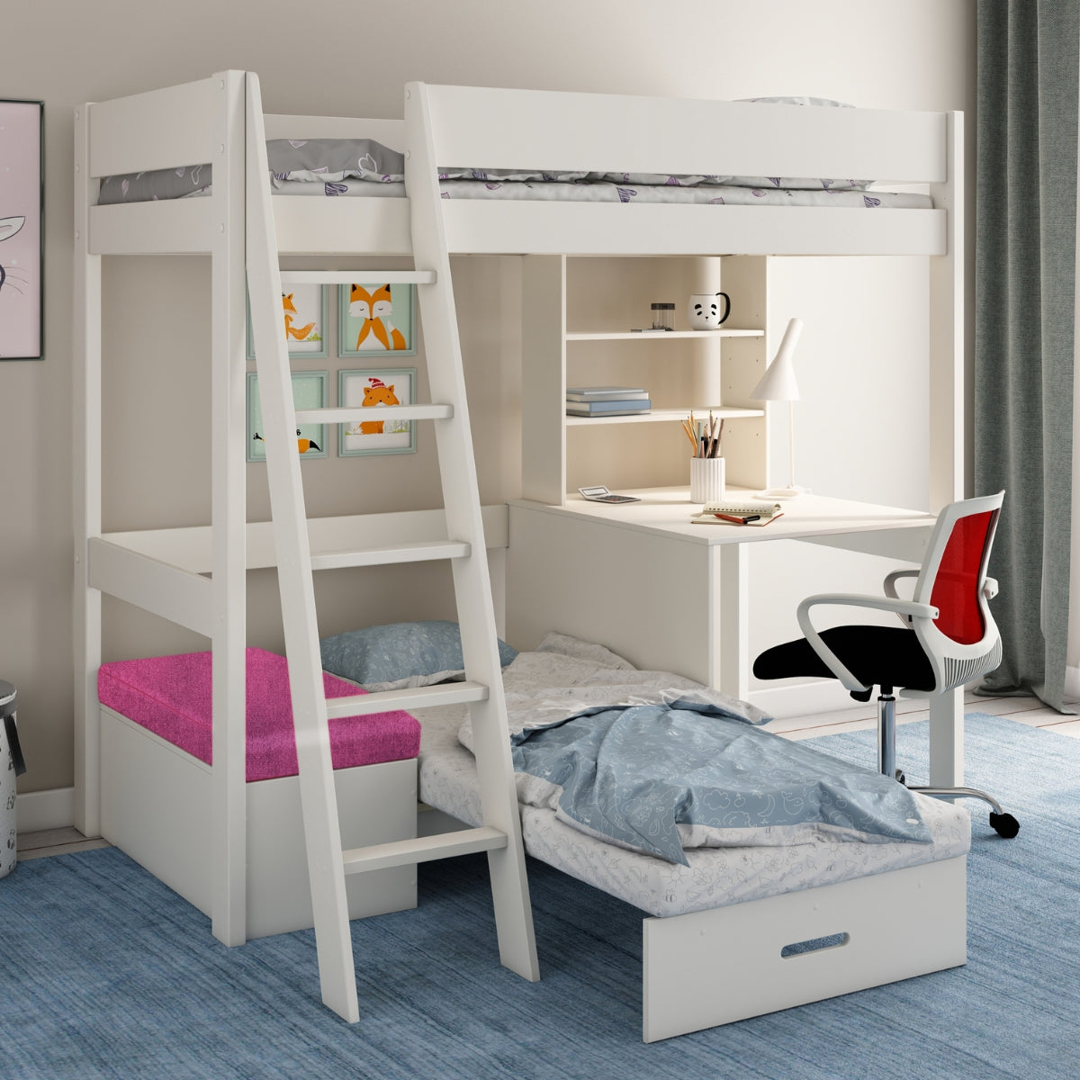 kids avenue estella highsleeper white with pink futon and desk in bedroom