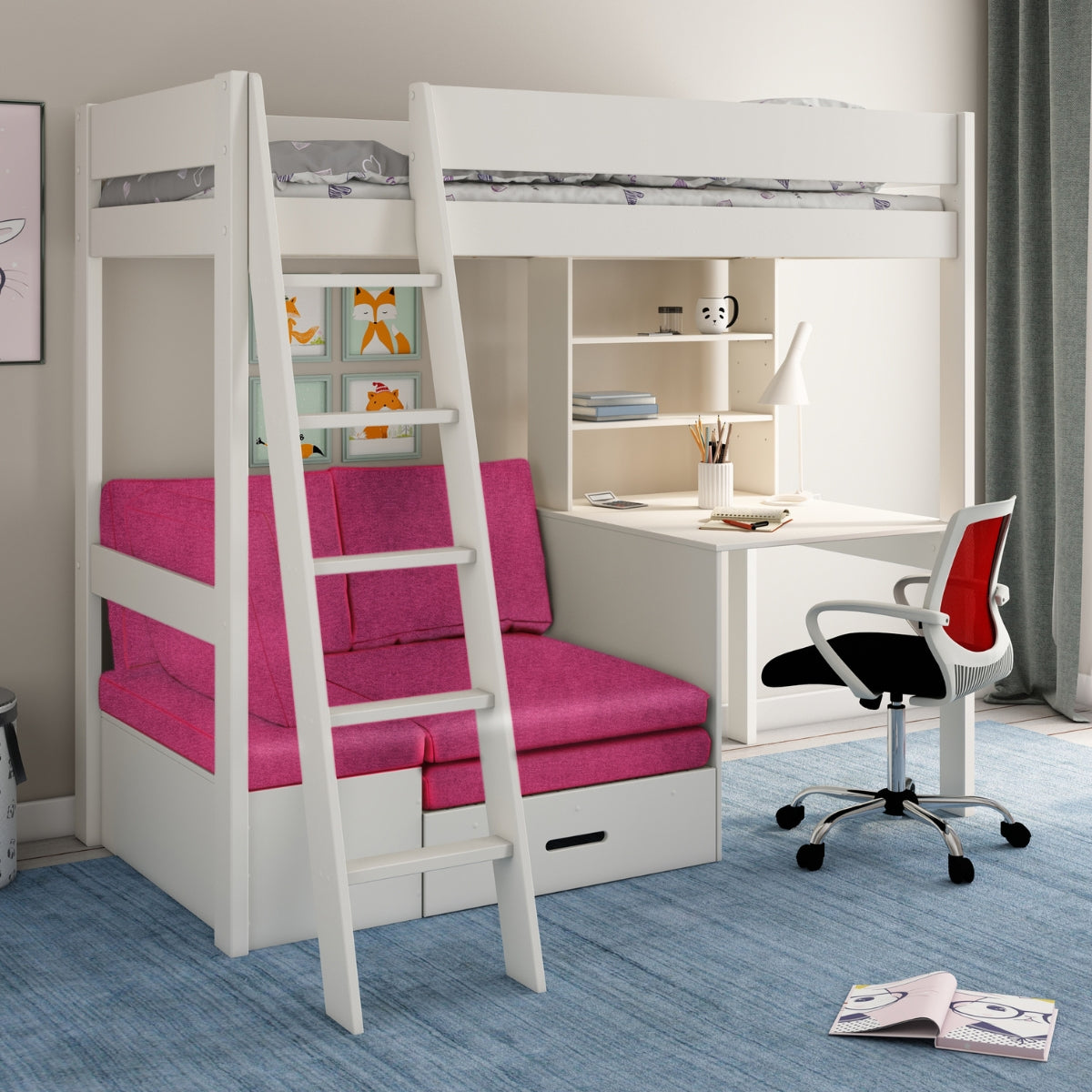 White loft bed with pink futon and desk underneath in kids bedroom