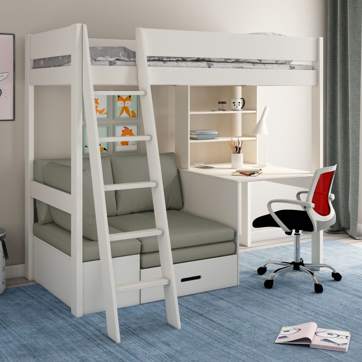 kids avenue estella highsleeper white with underbed futon and desk in kids bedroom