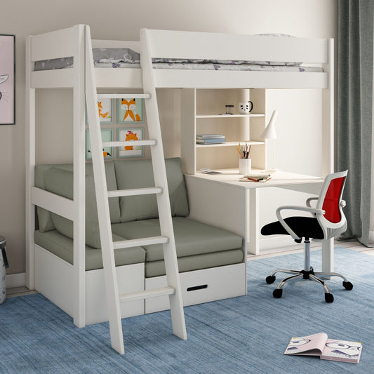 kids avenue estella highsleeper white with underbed futon and desk in kids bedroom