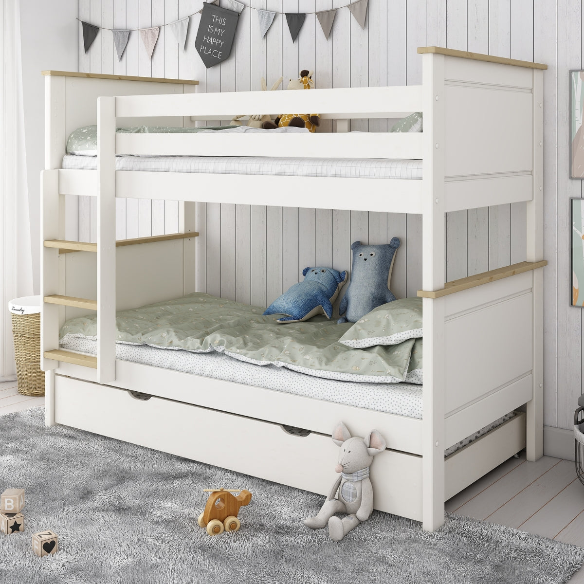 kids avenue heritage white and oak detachable bunk bed with underbed sleeping trundle in children's bedroom