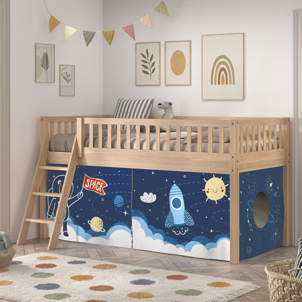 Natural beech kids mid sleeper bed with space shuttle underbed play tent