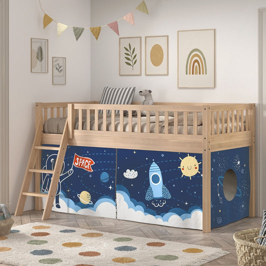 Natural beech kids mid sleeper bed with space shuttle underbed play tent