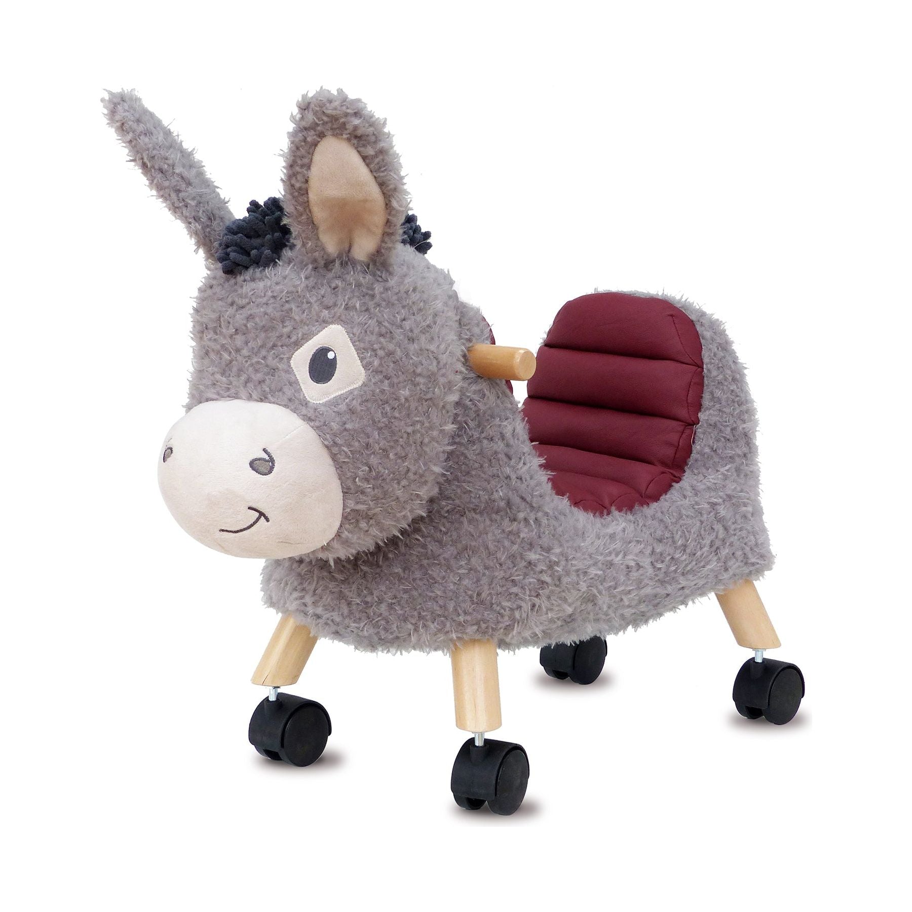 little bird told me bojangles grey donkey ride-on toy with a padded leatherette saddle and black swivel wheels, designed for toddlers.