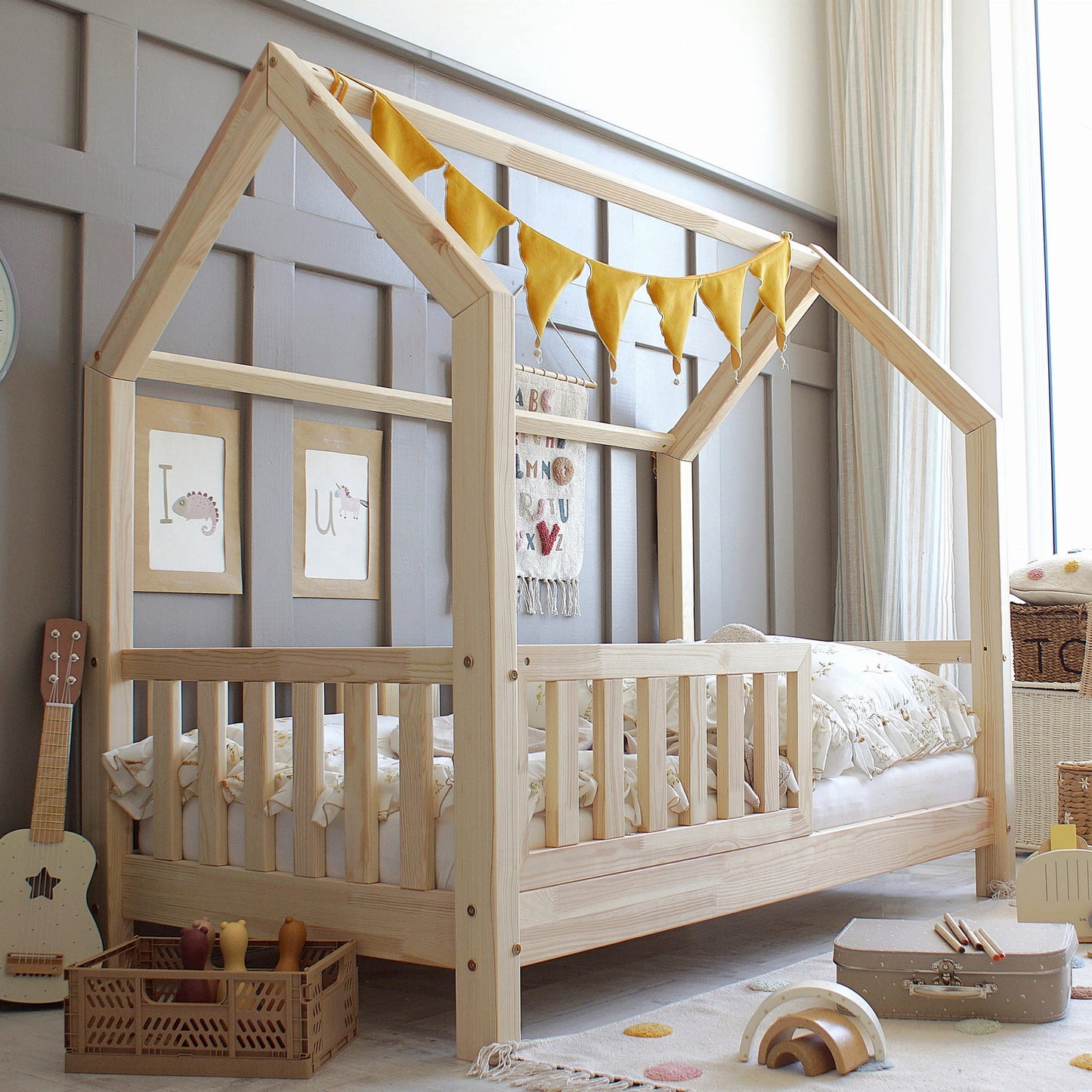 Luletto Bianco House Bed inc Bed Guard 90 x 190cm Natural Wood