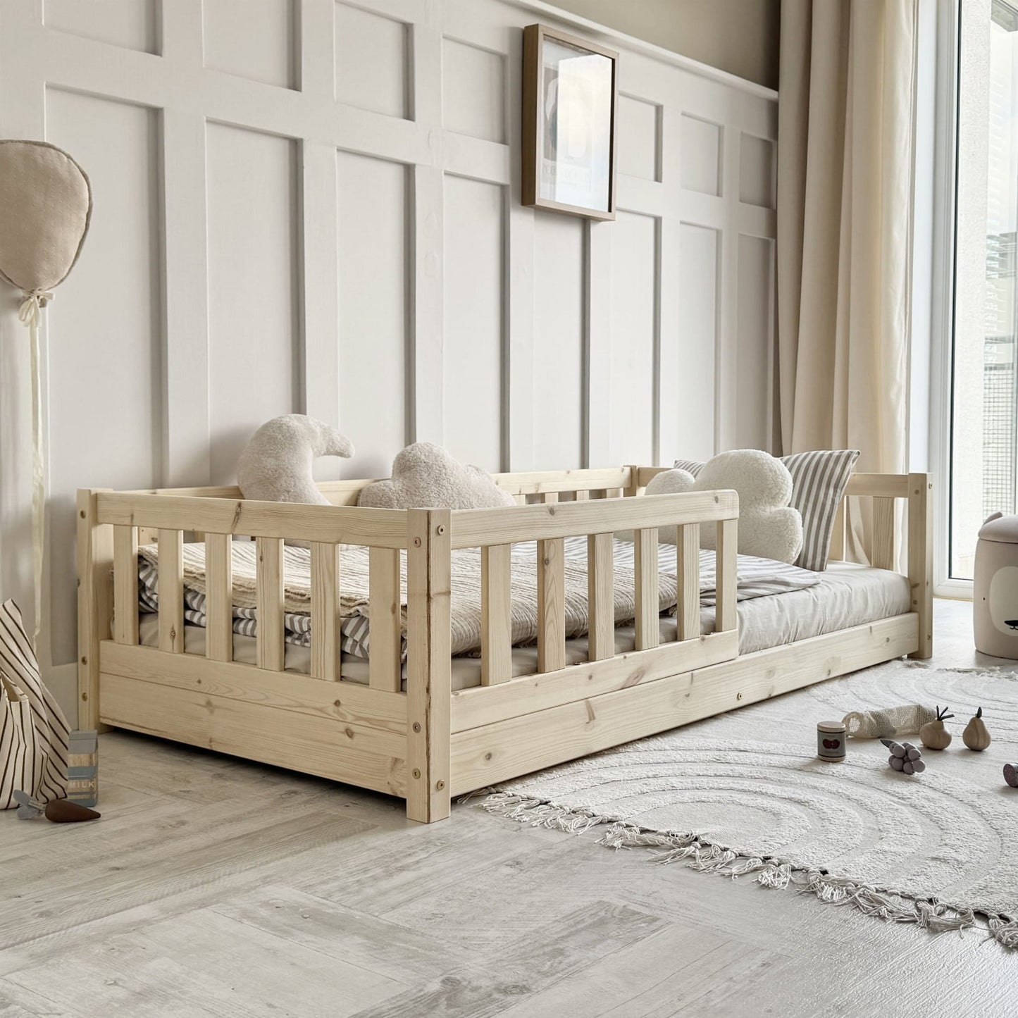 wooden luletto montessori toddler floor bed in scandi inspired kids bedroom