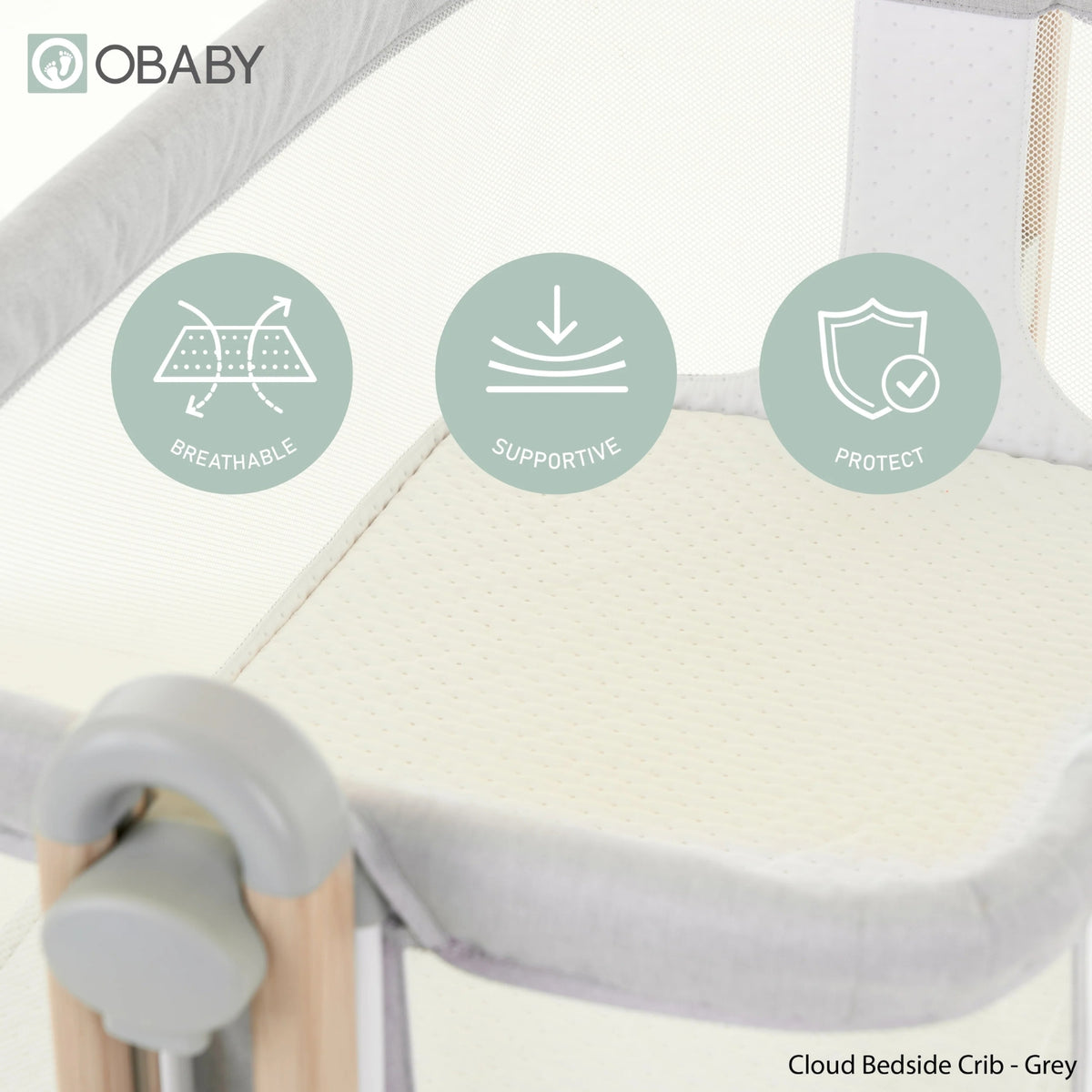 Obaby Cloud Bedside Crib with Mattress - Grey