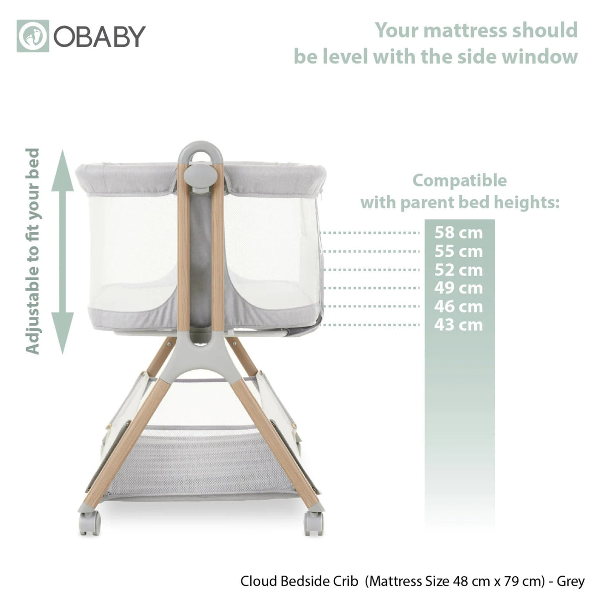 Obaby Cloud Bedside Crib with Mattress - Grey