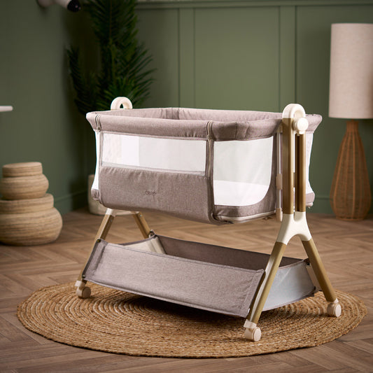 Obaby Cloud bedside crib in Nutmeg with mesh side panels in modern nursery