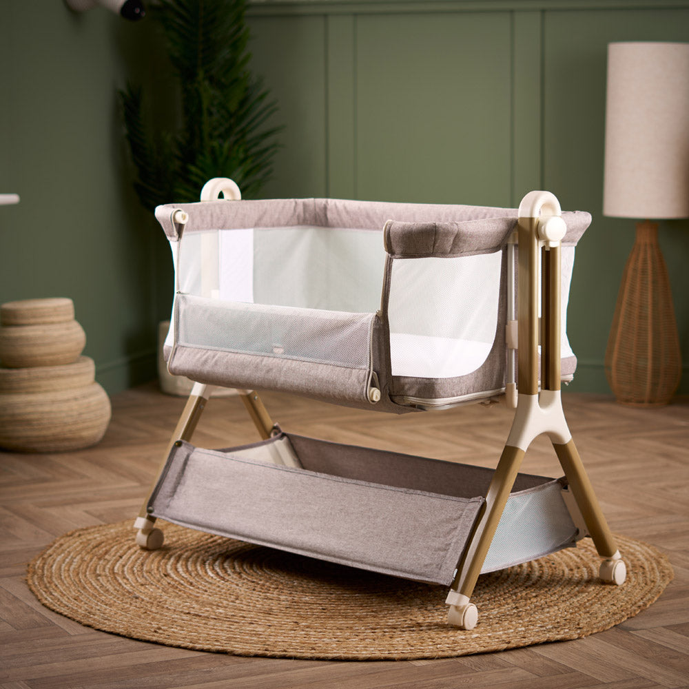 Obaby Cloud next to me bedside crib in Nutmeg in modern baby nursery