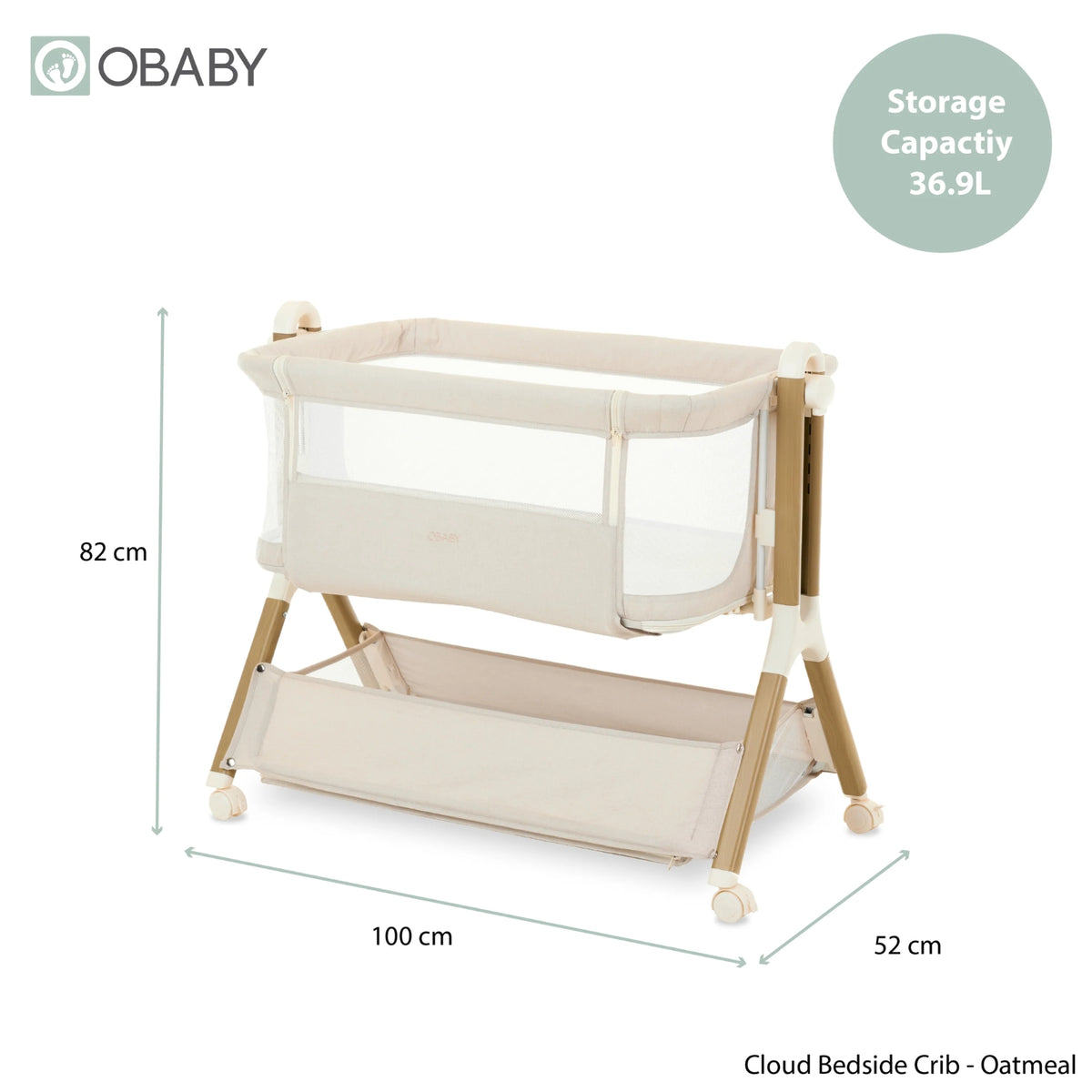 Obaby Cloud bedside crib in Oatmeal product dimensions