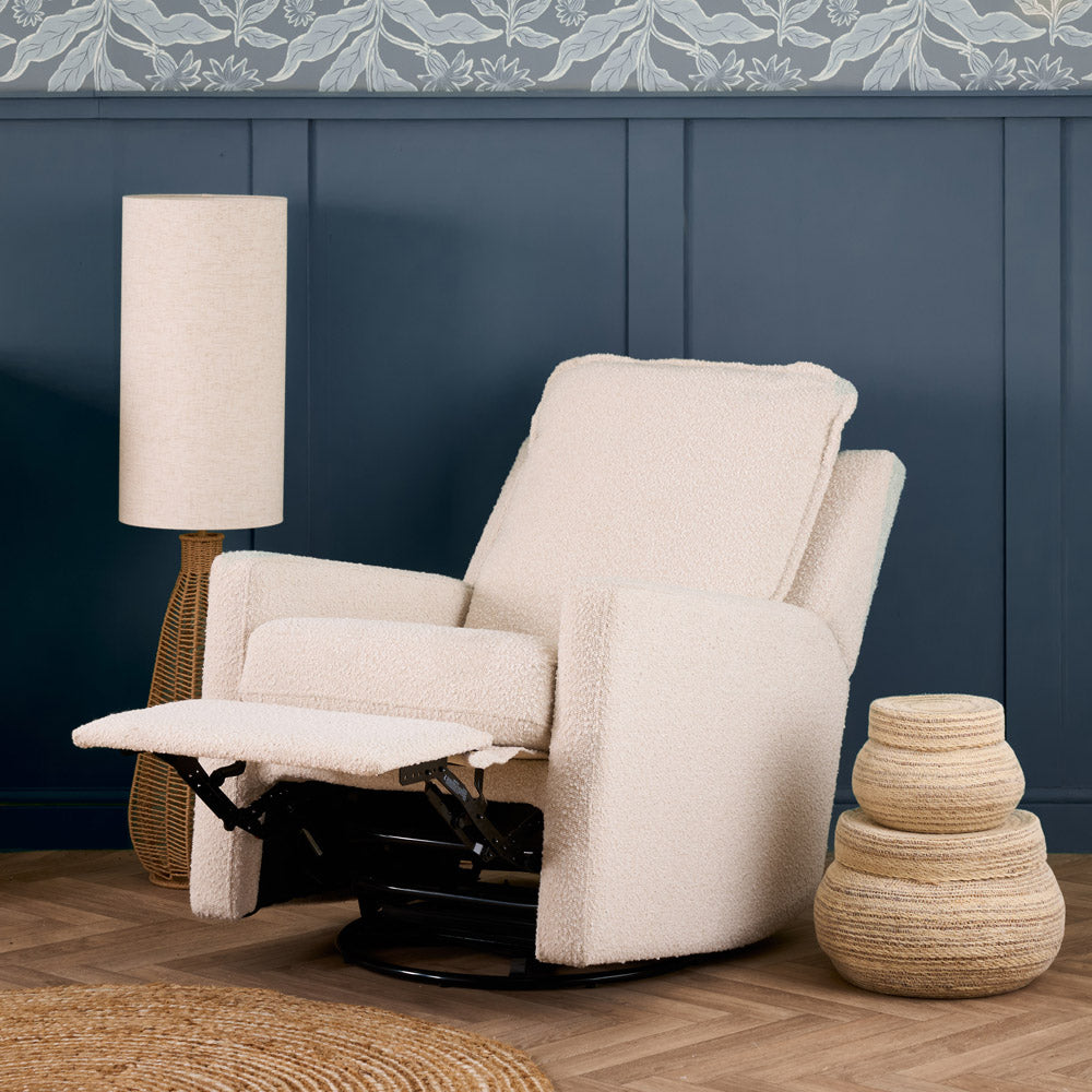 Obaby Denver bouclé comfy nursing chair with swivel glider base reclining backrest and footrest in modern baby nursery
