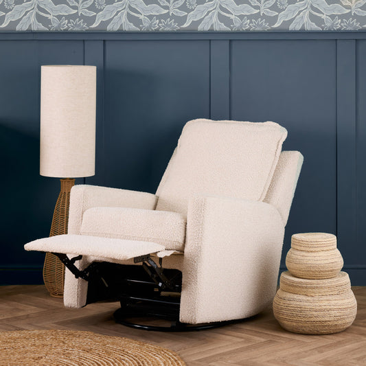 Obaby Denver bouclé comfy nursing chair with swivel glider base reclining backrest and footrest in modern baby nursery