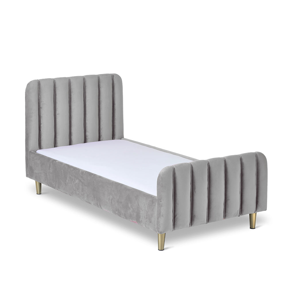 Obaby Gatsby Grey velvet kids single bed with upholstered headboard and footboard for a 90 × 190cm mattress on white background