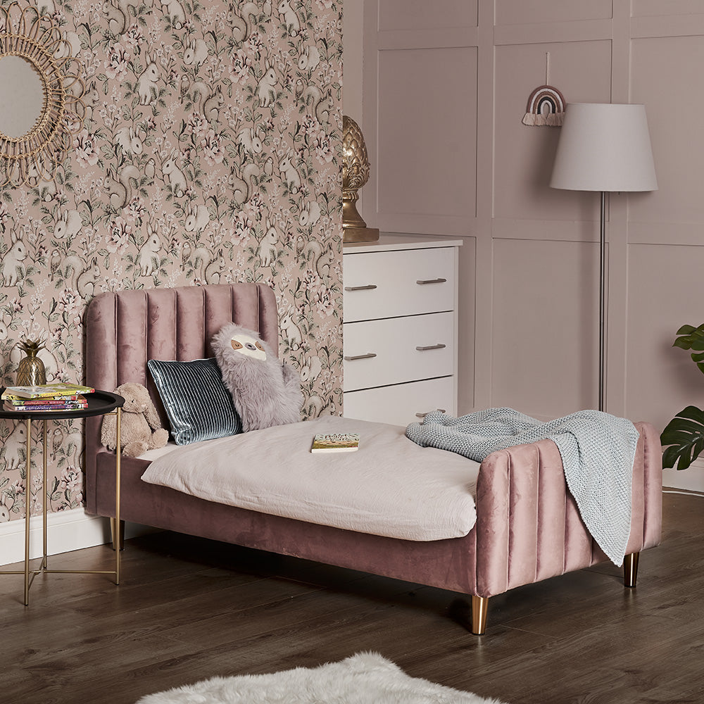 Obaby Gatsby Dusty Pink velvet toddler bed with upholstered headboard in girls bedroom