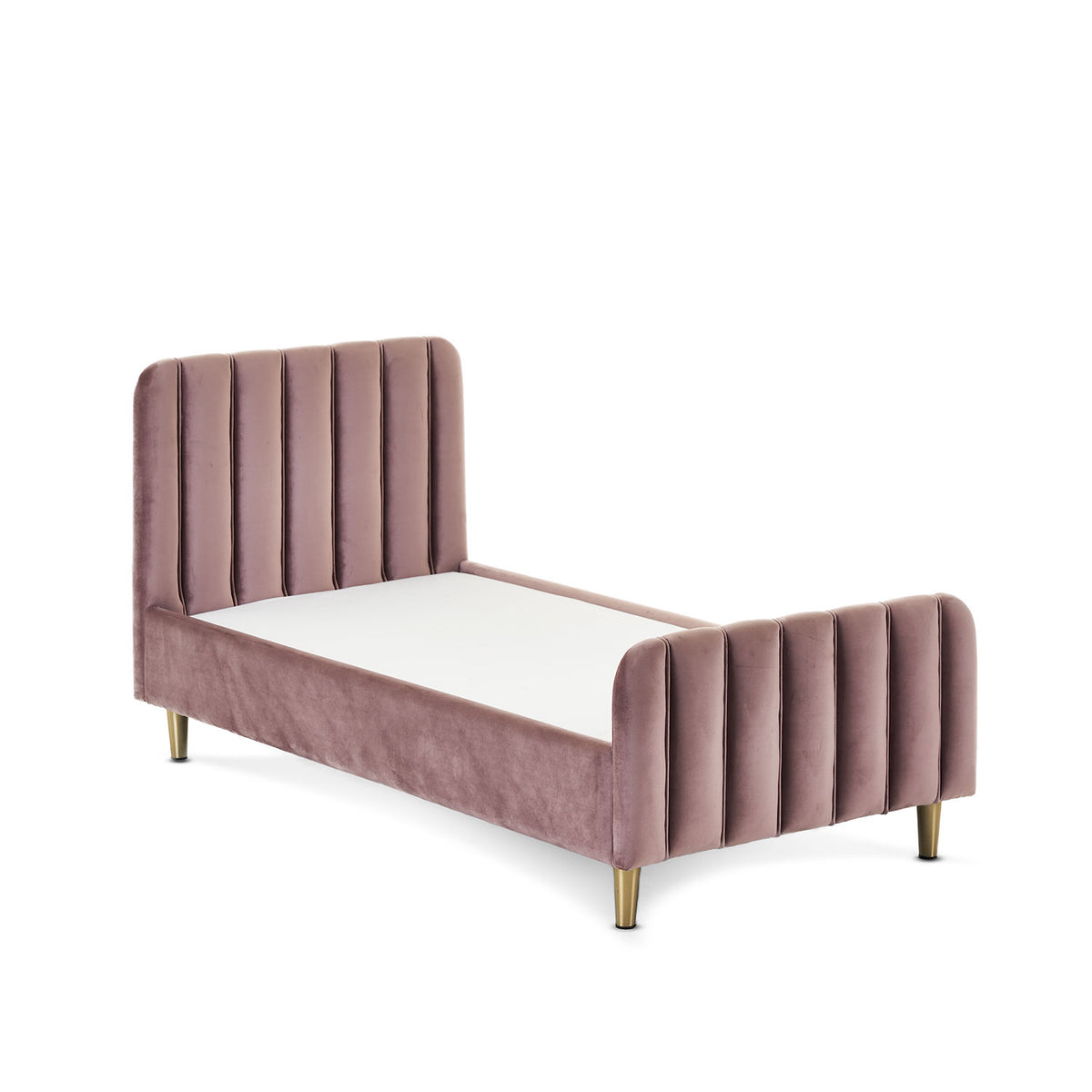 Obaby Gatsby Dusty Pink velvet toddler bed with upholstered headboard, footboard and low frame on white background