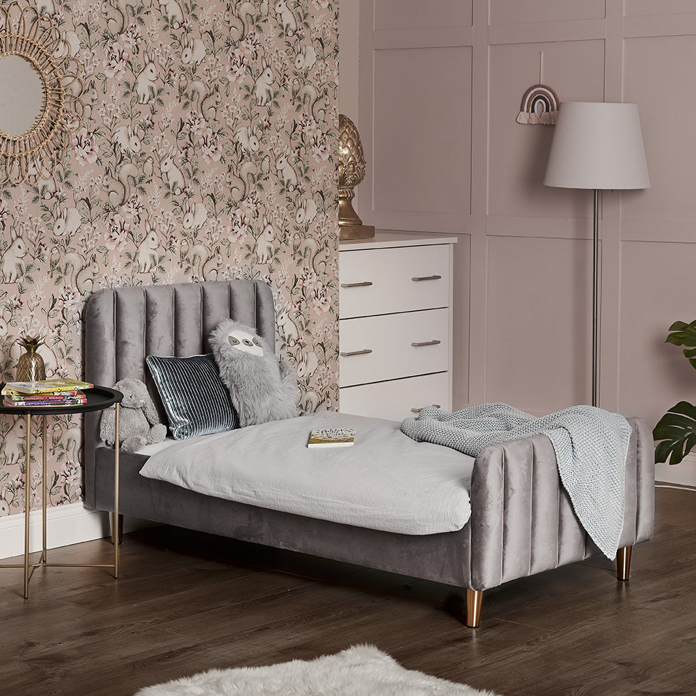 Obaby Gatsby Grey velvet toddler bed with upholstered headboard in child's bedroom