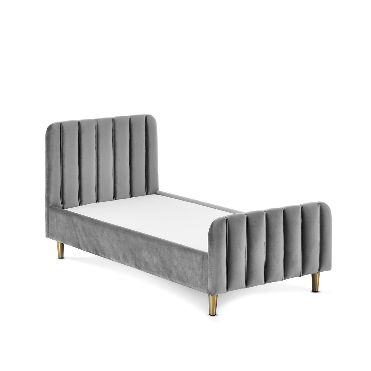 Obaby Gatsby Grey velvet toddler bed with upholstered headboard, footboard and low frame on white background