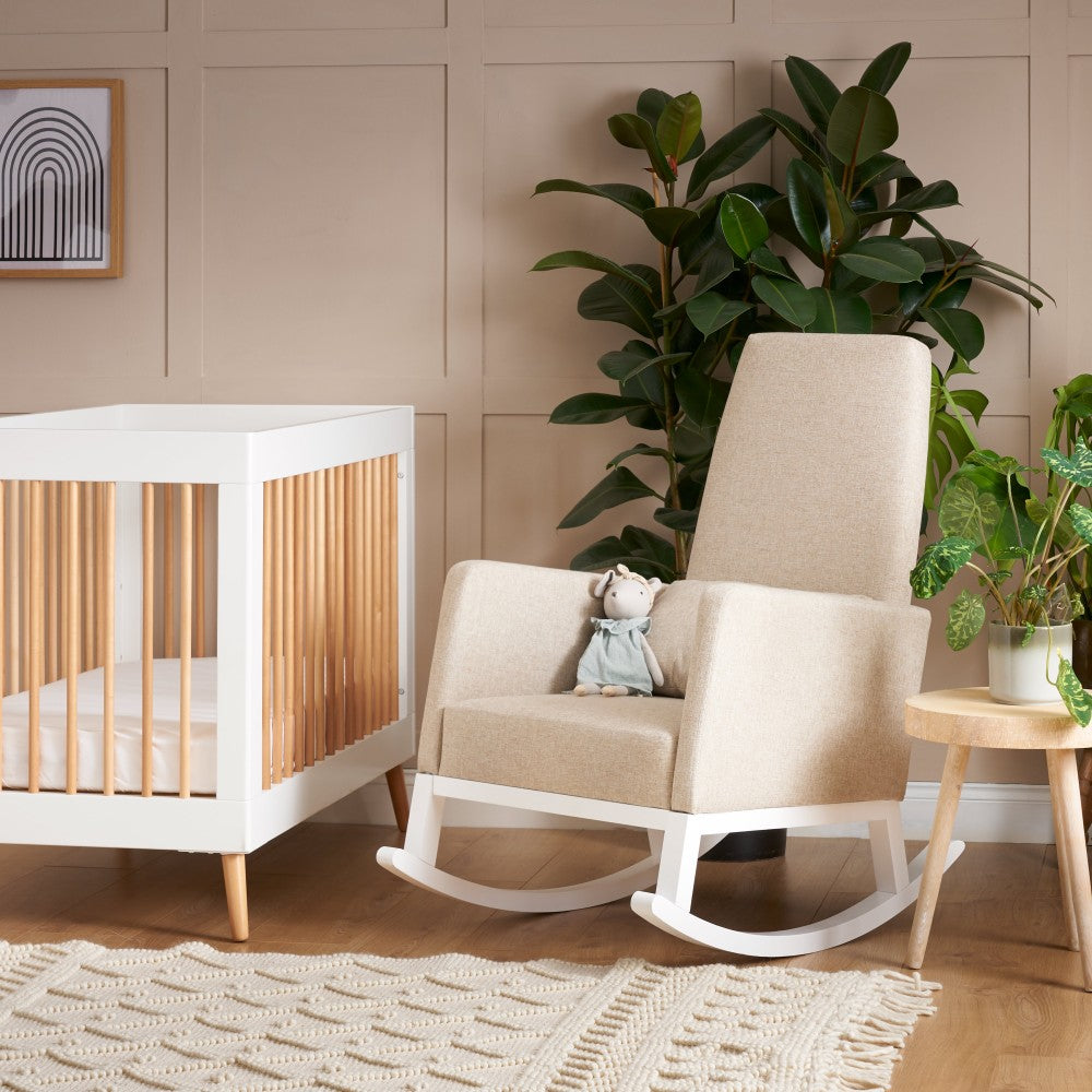 Obaby High Back nursing rocking chair in Oatmeal woven upholstery with wooden frame and support cushion in baby nursery