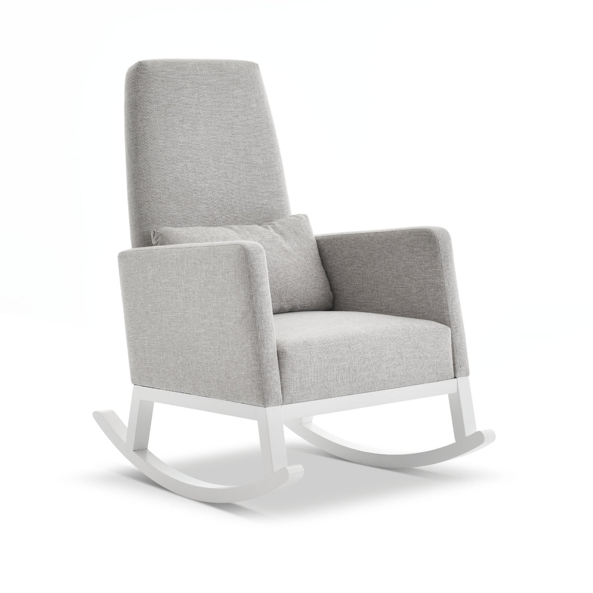 Obaby High Back nursing rocking chair in Silver/Stone with woven upholstery, wooden frame and support cushion on plain white background