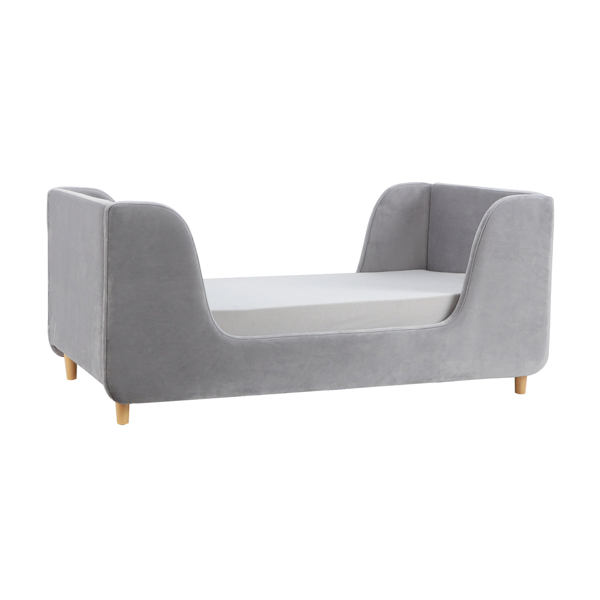 Obaby Lumi Grey velvet toddler bed with a low upholstered frame with a 140 × 70cm mattress on white background