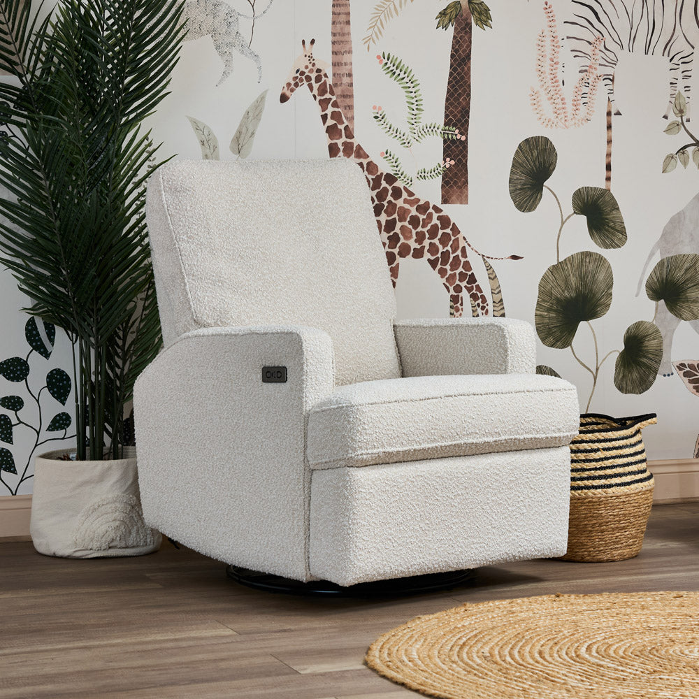 Obaby Madison electric swivel glider recliner nursing chair with textured Bouclé Style upholstery in modern nursery