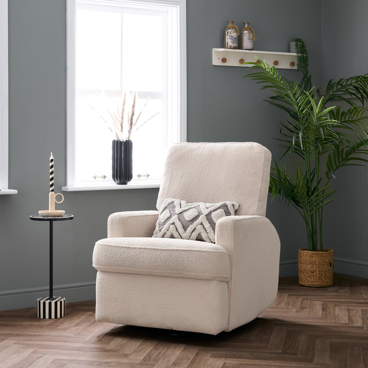 Obaby Madison electric swivel glider recliner nursing chair in Ivory teddy upholstery in modern nursery