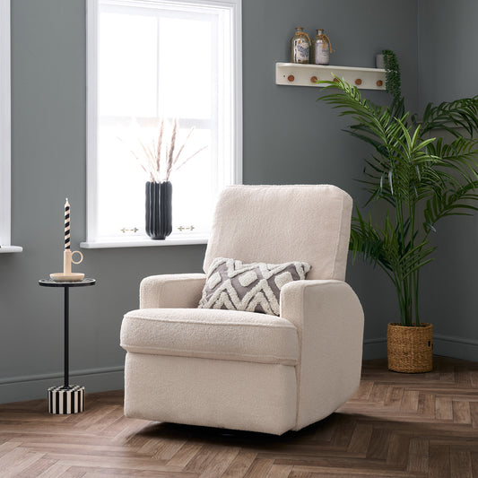 Obaby Madison electric swivel glider recliner nursing chair in Ivory teddy upholstery in modern nursery