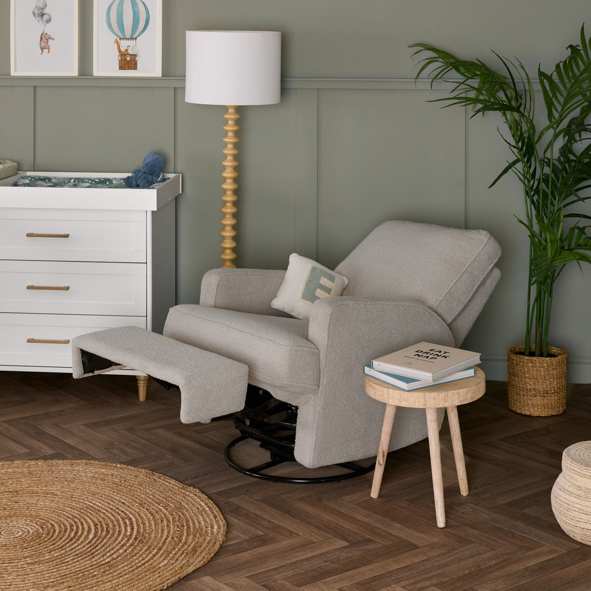 Obaby Madison electric swivel glider recliner nursing chair in Truffle teddy upholstery full reclined in modern nursery 