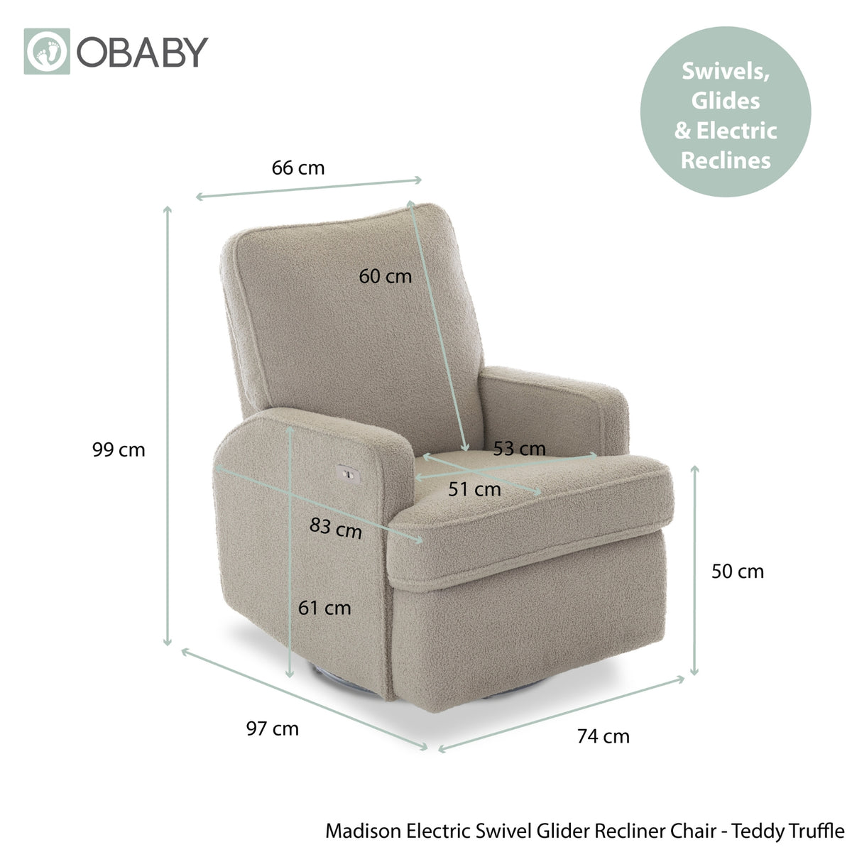 Obaby Madison electric swivel glider recliner nursing chair teddy truffle product dimensions