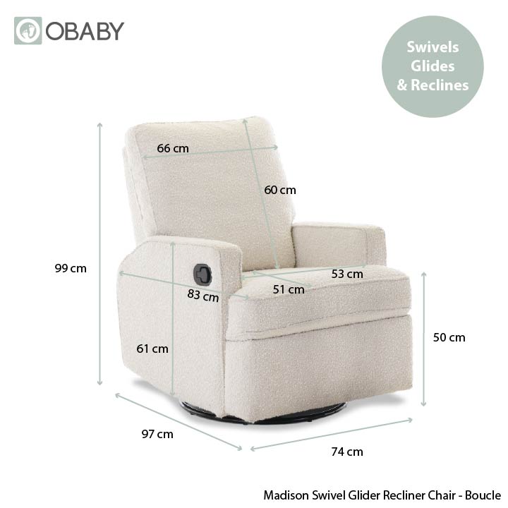 Obaby Madison swivel glider recliner nursing chair with textured Bouclé Style upholstery product dimensions