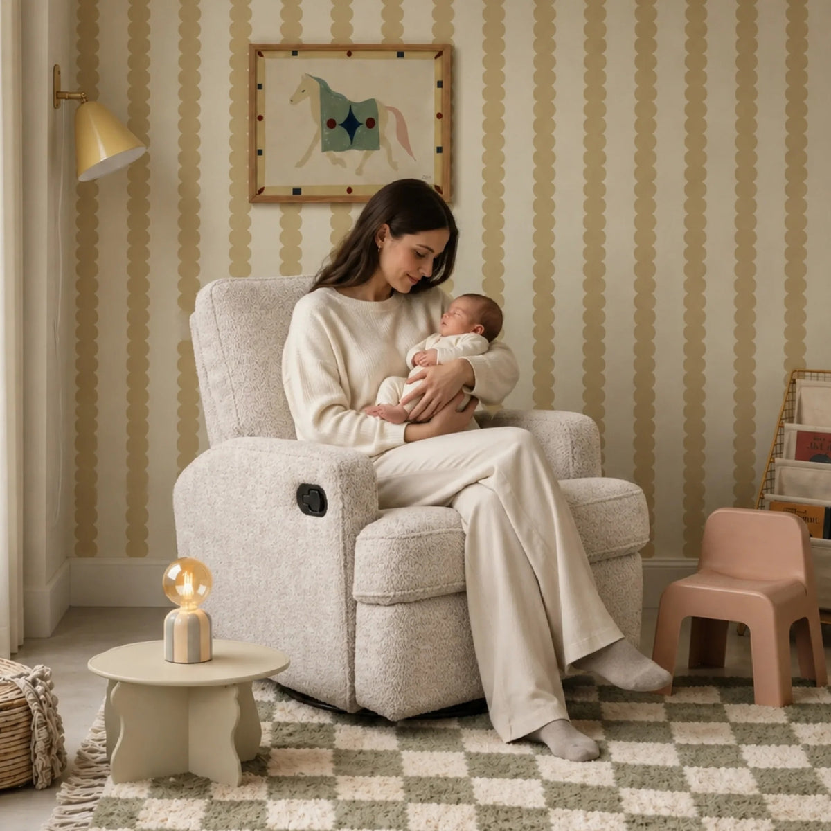 mother sitting in Obaby Madison swivel glider recliner nursing chair in soft neutral Chenille Marshmallow while holding a baby