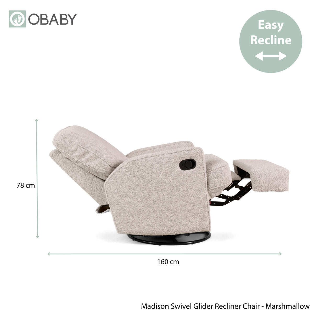 Obaby Madison swivel glider recliner nursing chair Chenille Marshmallow product dimensions