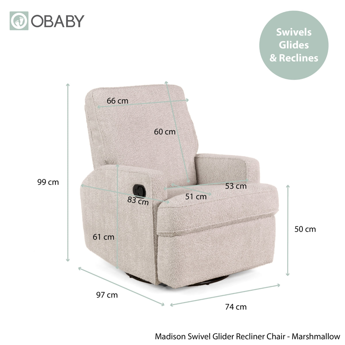 Obaby Madison nursing chair Chenille Marshmallow product dimensions
