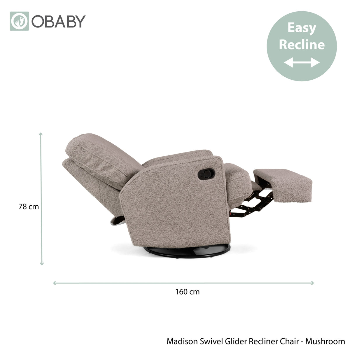 Obaby Madison swivel glider recliner nursing chair in textured Chenille Mushroom upholstery product dimensions