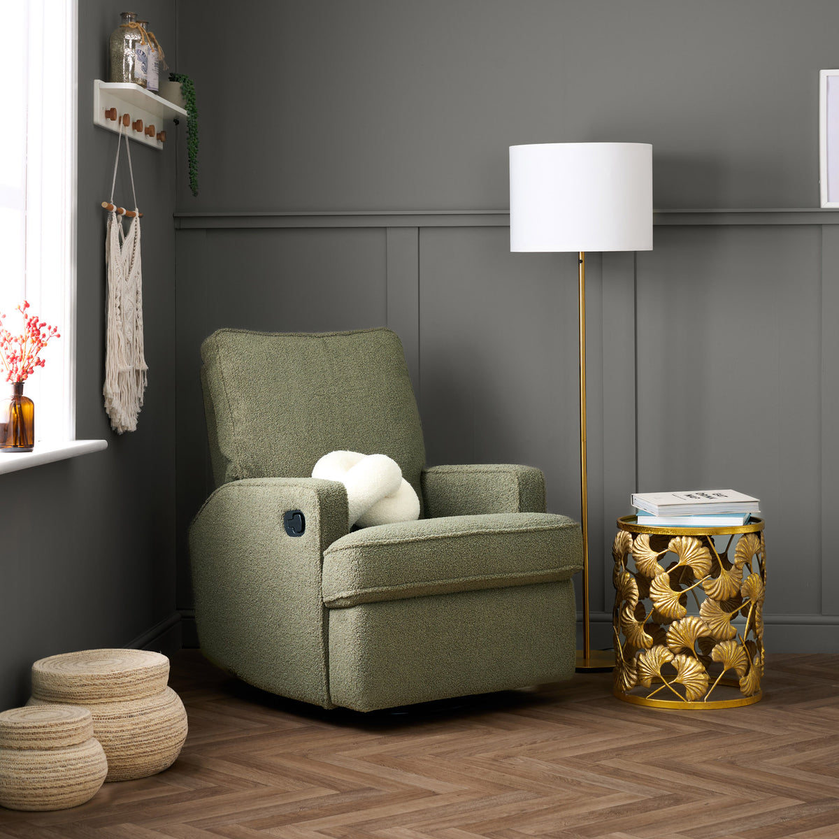Obaby Madison swivel glider recliner nursing chair in olive green teddy upholstery in modern baby nursery