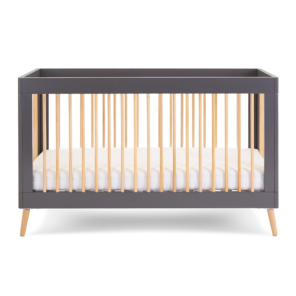 Obaby Maya Cot Bed in Slate and Natural with Scandinavian-inspired styling for a 140 × 70cm mattress on white background