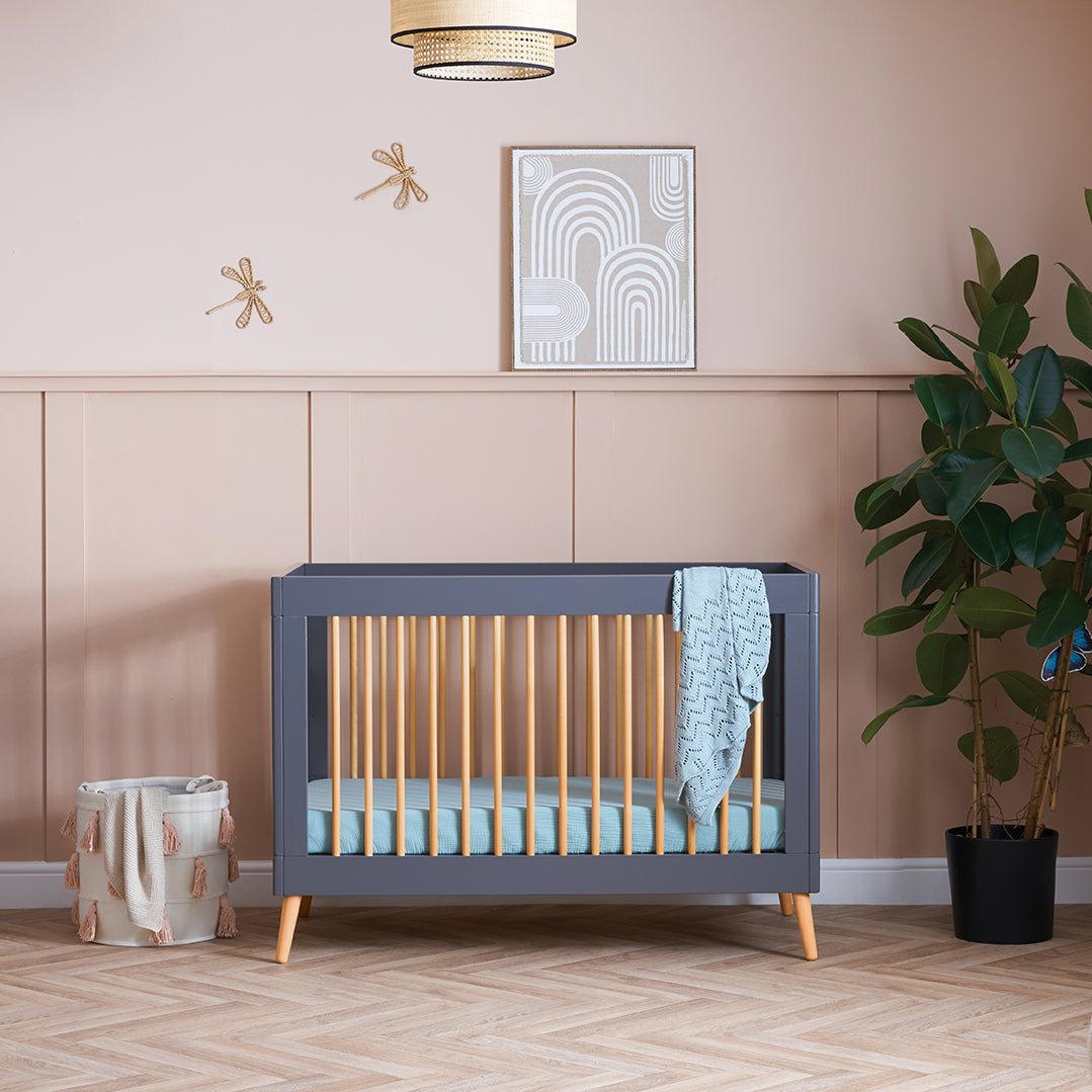 Obaby Maya Mini Cot Bed in Slate and Natural with Scandinavian-inspired styling for a 120 × 60cm mattress