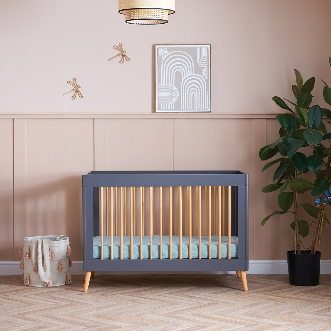 Obaby Maya Mini Cot Bed in Slate in modern nursery with neutral decor