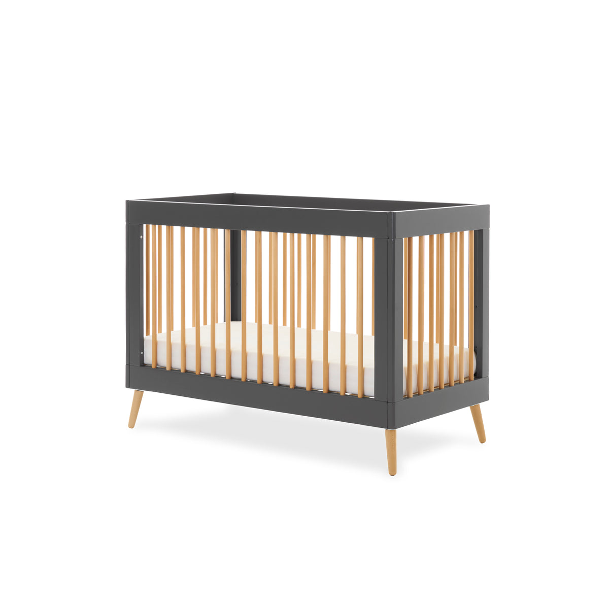 Obaby Maya Mini Cot Bed in Slate and Natural with Scandinavian-inspired styling on plain white background