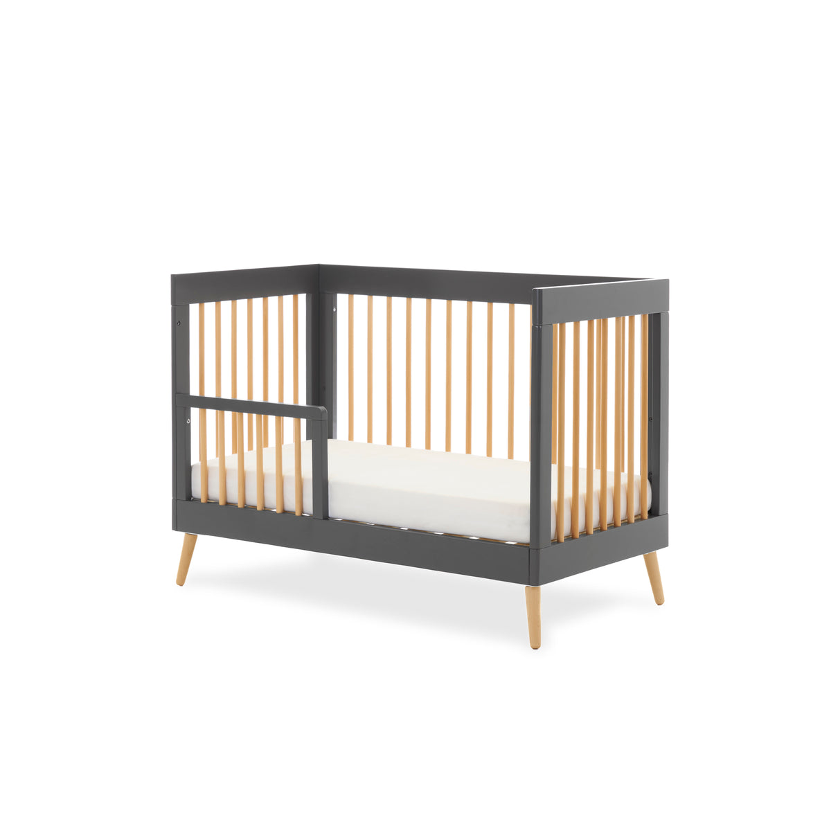 Obaby Maya Mini Cot Bed in Slate and Natural with toddler bed safety rail on white background
