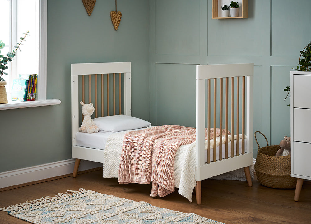 Obaby Maya Mini Cot Bed in White and Natural converted in to mini bed for toddler in child's bedroom