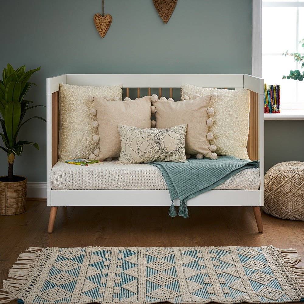 Obaby Maya Mini Cot Bed in White and Natural converted into day bed in home with modern decor