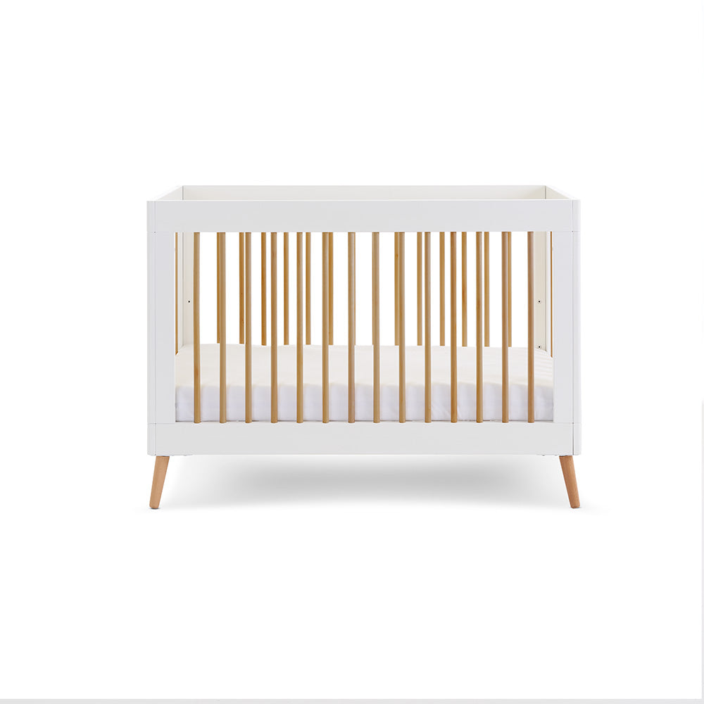 Obaby Maya Mini Cot Bed in White and Natural n plain white background