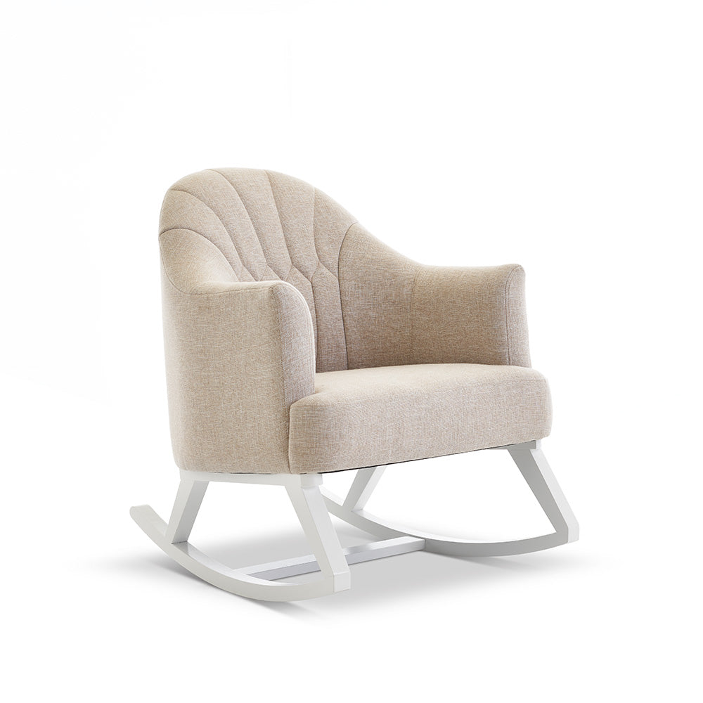 Obaby Round Back nursing rocking chair in Oatmeal woven upholstery with curved backrest and wooden frame on white background