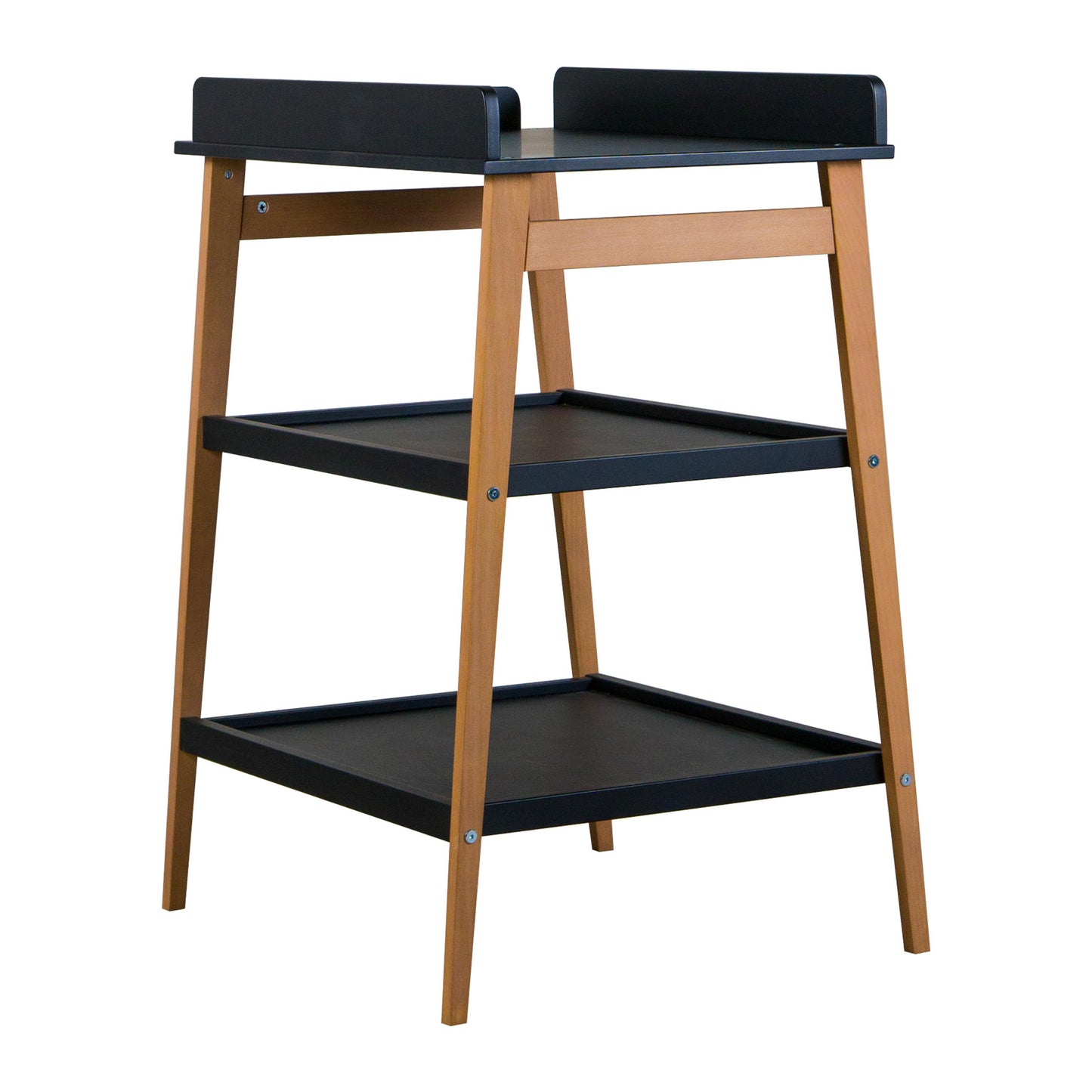 quax hip baby changing table in black and natural wood with two storage shelves and raised sides white background