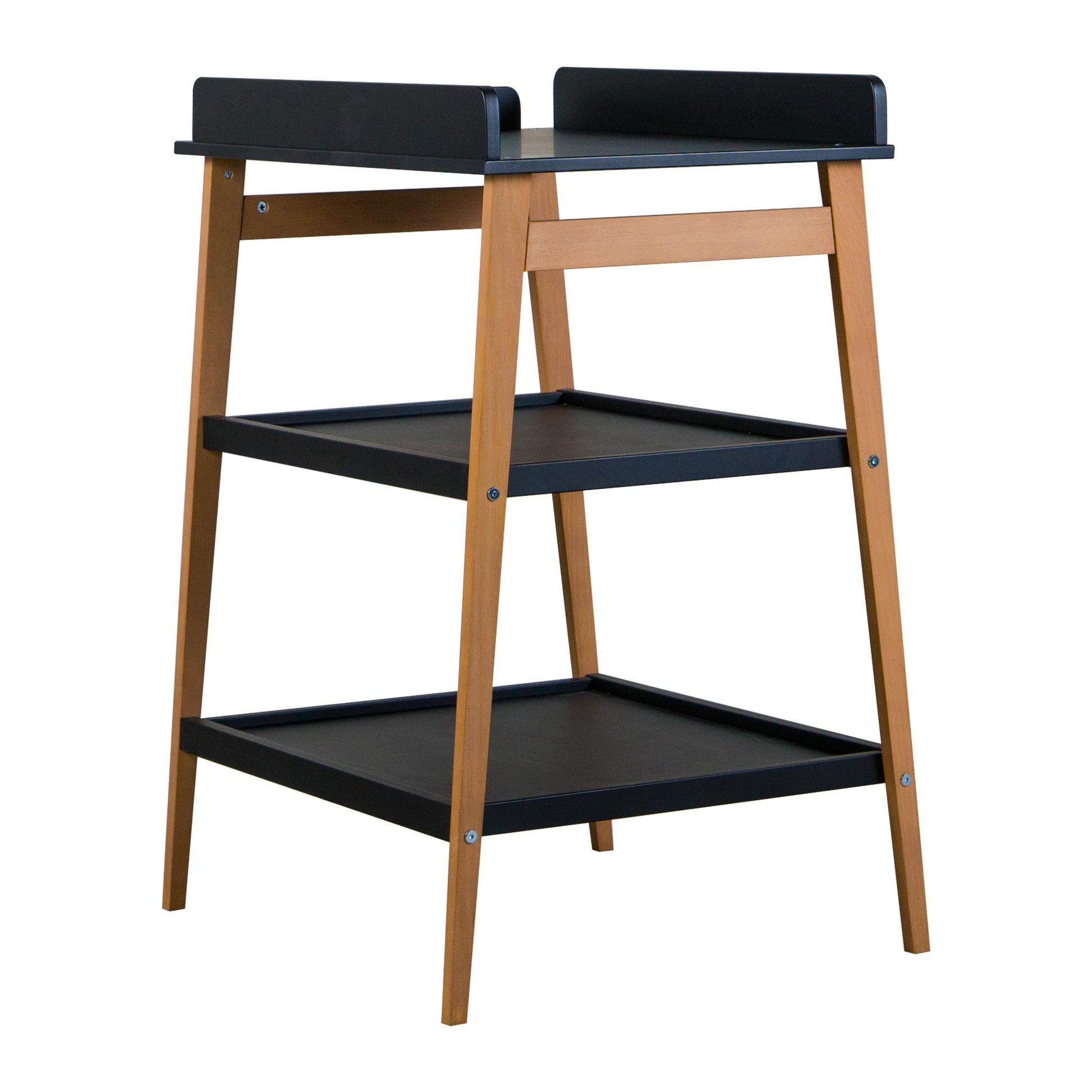 quax hip baby changing table in black and natural wood with two storage shelves and raised sides white background