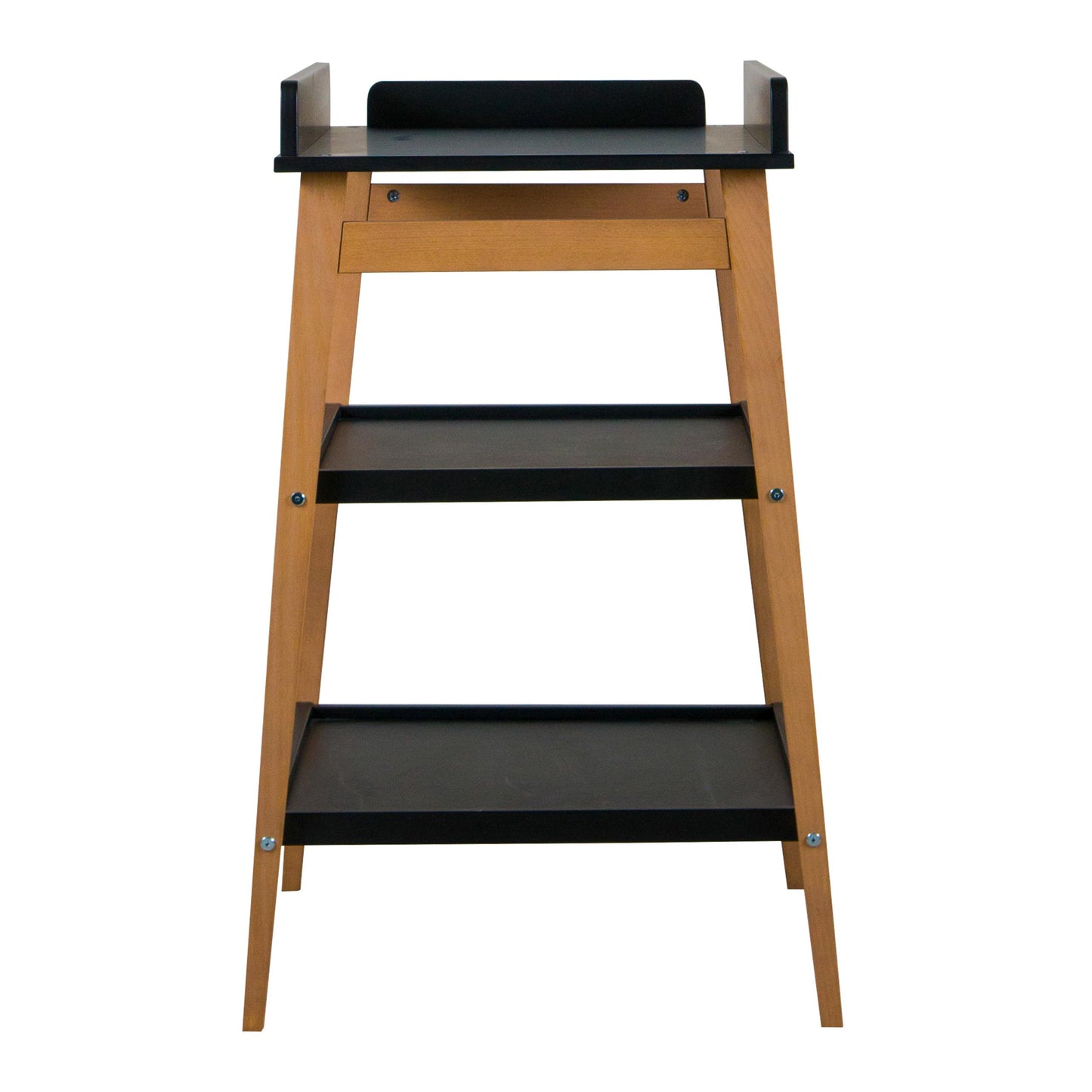 quax hip baby changing table in black and natural wood with two storage shelves on plain white background