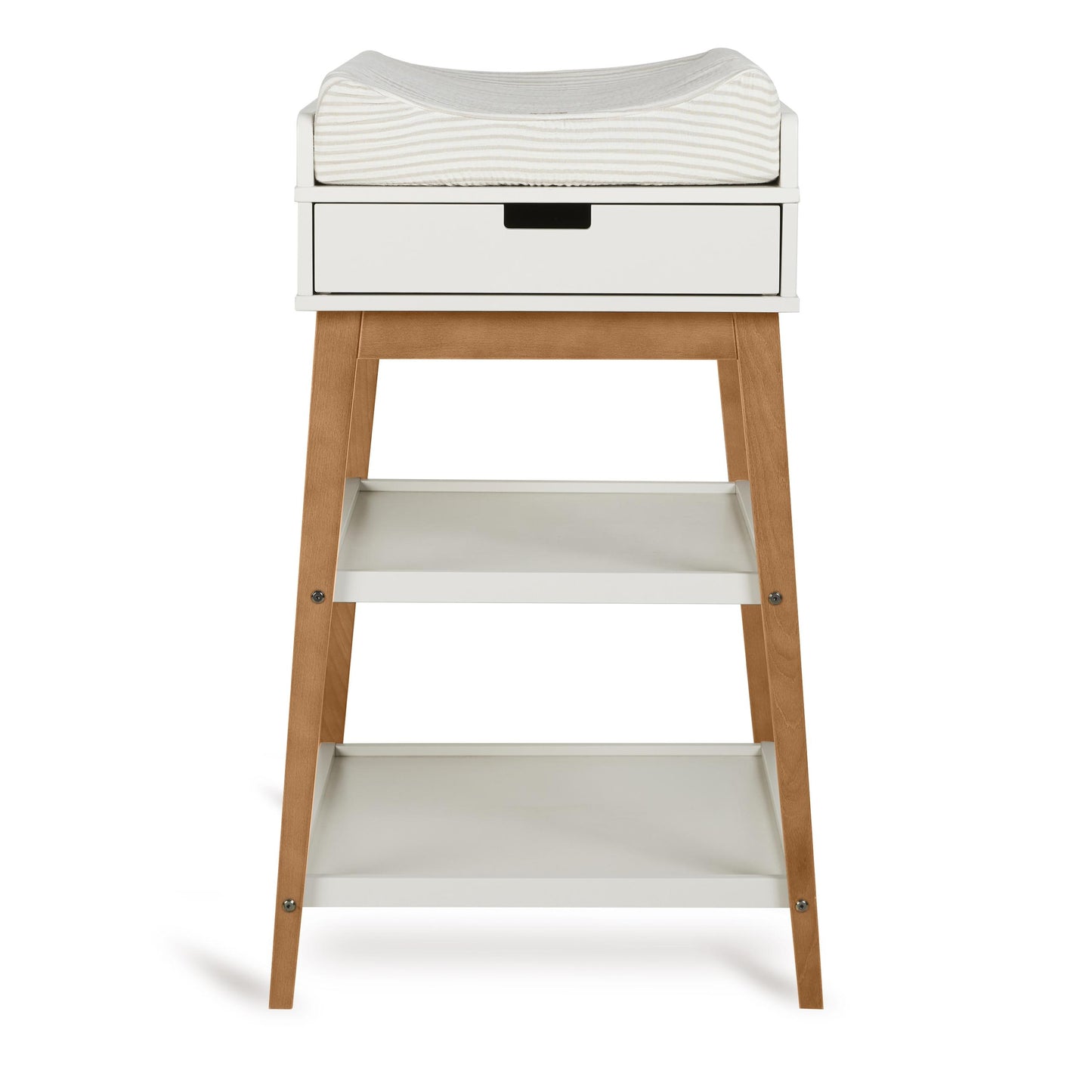 quax hip baby changing table with drawer in clay and walnut on plain white background with soft comfy changing pad