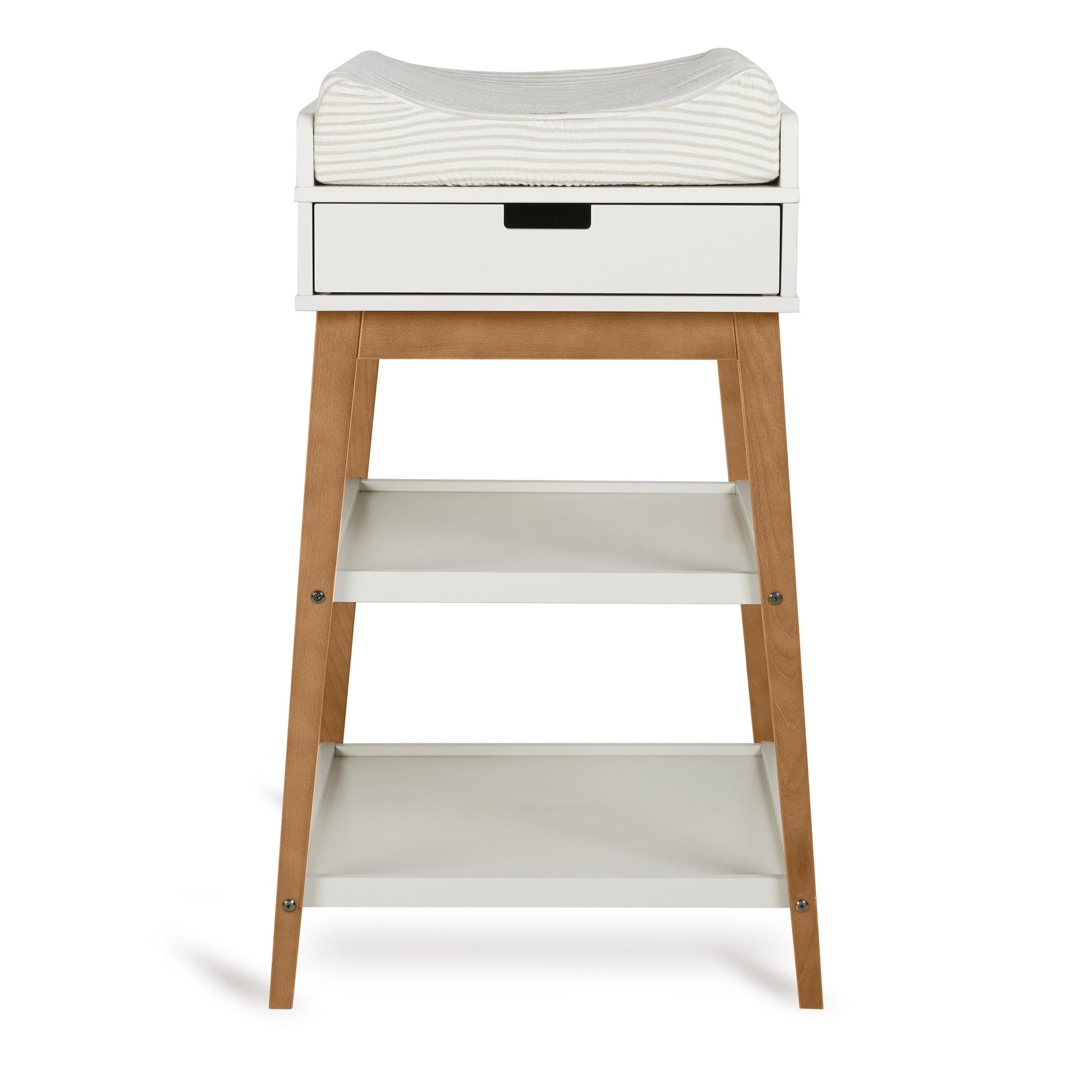 quax hip baby changing table with drawer in clay and walnut on plain white background with soft comfy changing pad